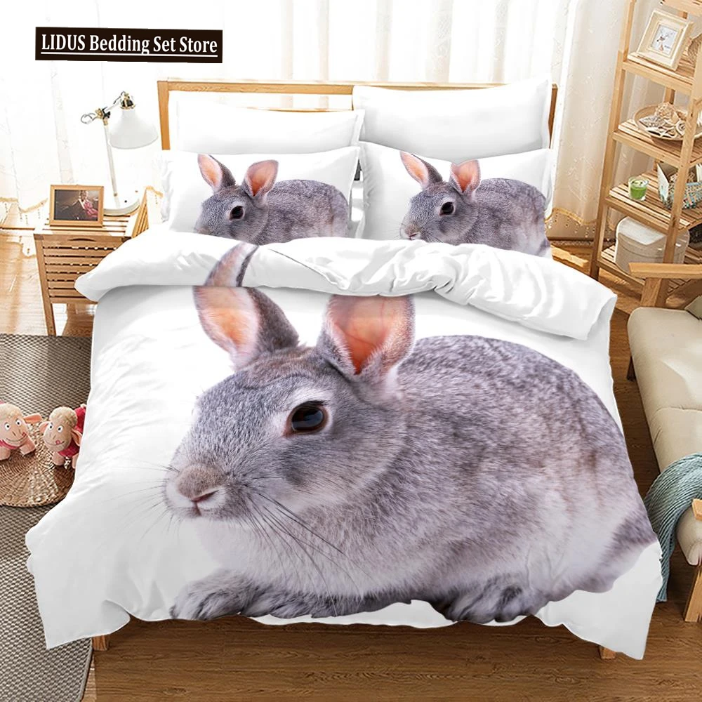 Cartoon Rabbit Duvet Cover Set Wild Animals Theme 3D Print Bedding Set For Kids Boy Girl Bedroom Decor Polyester Comforter Cover