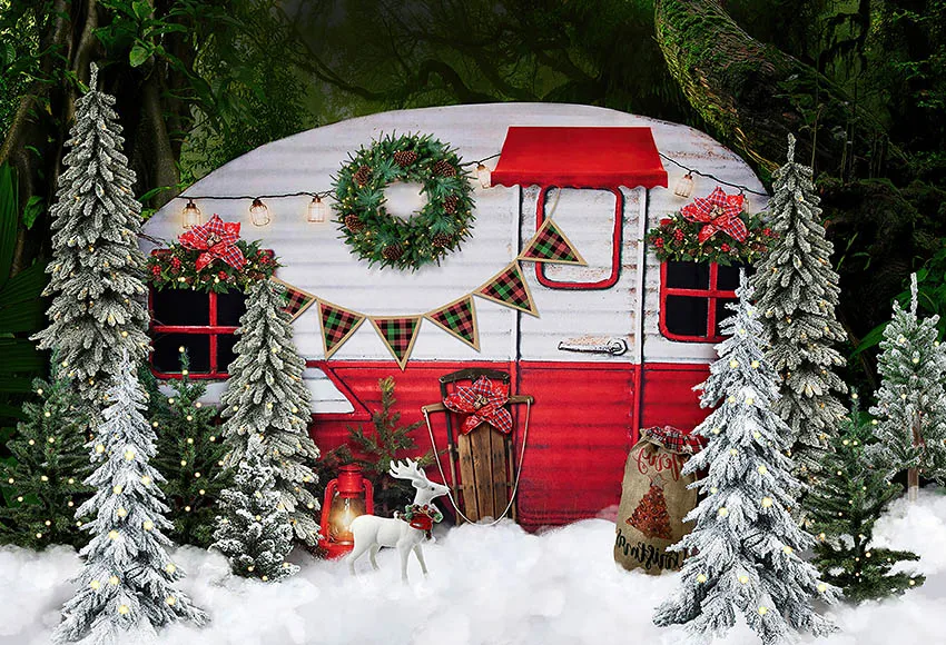 Mehofond Fotografie Hintergrund Weihnachten Camper Winter Snowy Pine Baum Ferien Kinder Familie Porträt Decor Hintergrund Foto Studio