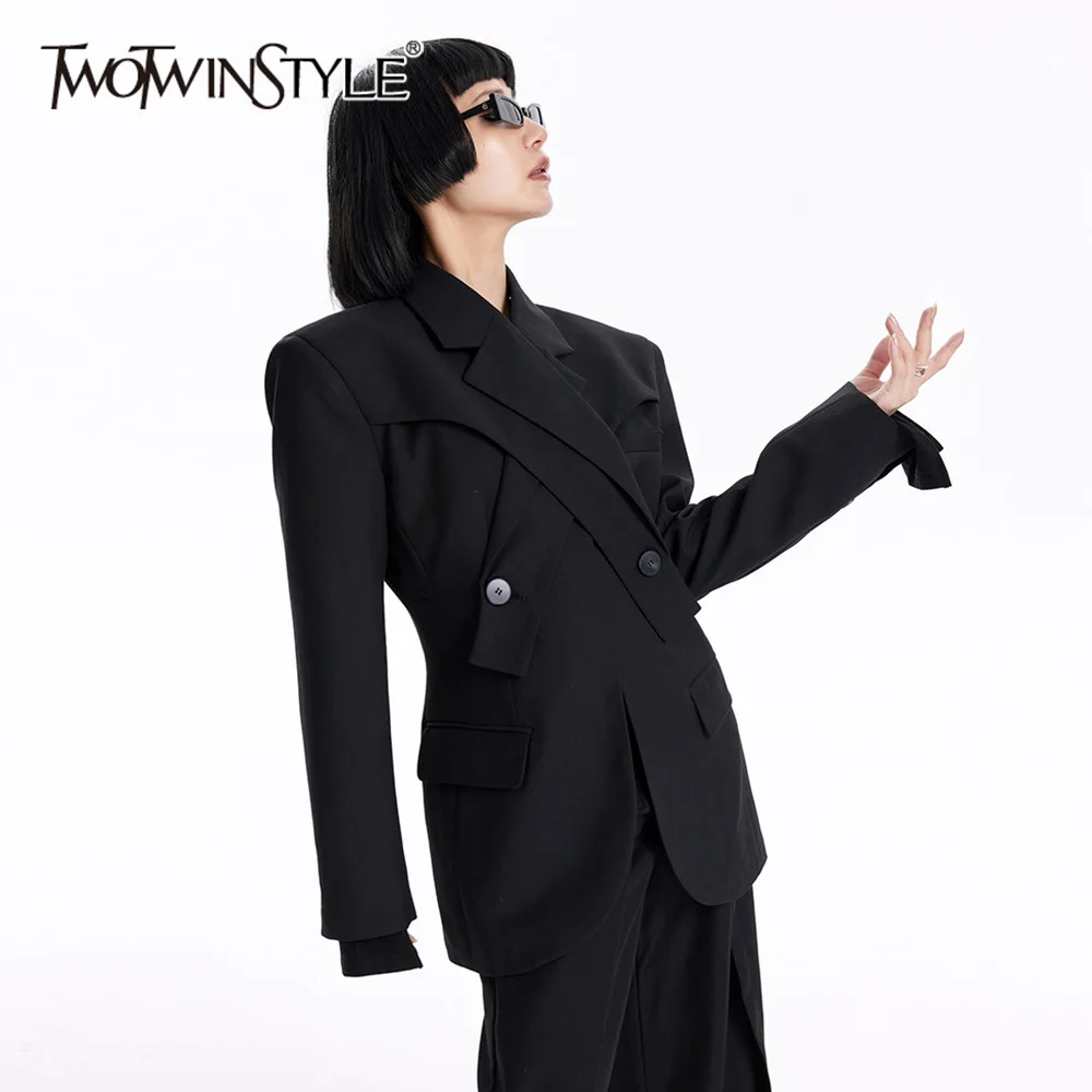 TWOTWINSTYLE Solid Minimalist Casual Blazers For Women Notched Collar Long Sleeve Spliced Button Chic Blazer Female Fashion New