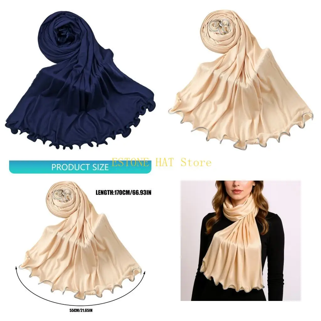 

49MF Women Fashion Hijab Scarf Soft Cotton Scarves Long Head Wrap Ruffle Trim Neck Shawl for Formal Occasion and Daily Wear