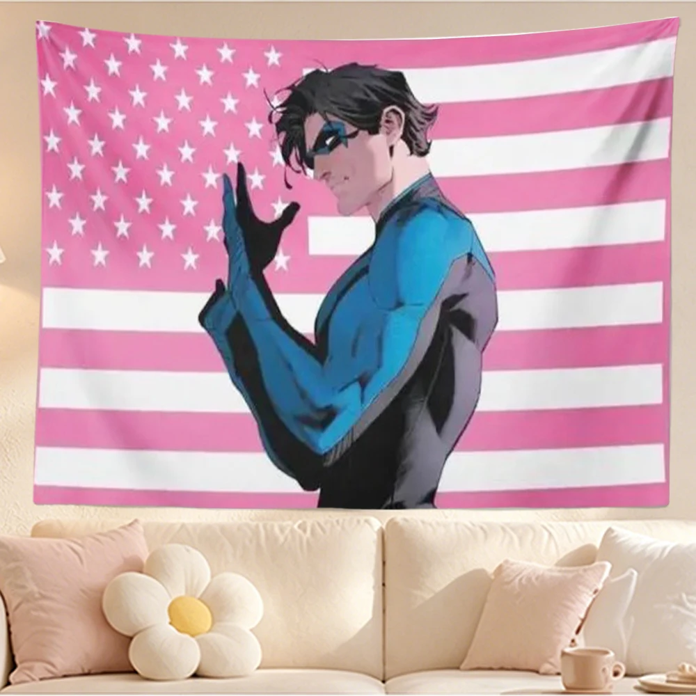 N-Nightwing Pink American Flag Tapestry Wall Hanging Funny Comic Hero Banner for Dorm Bedroom College Room Home Decor Fans Gift