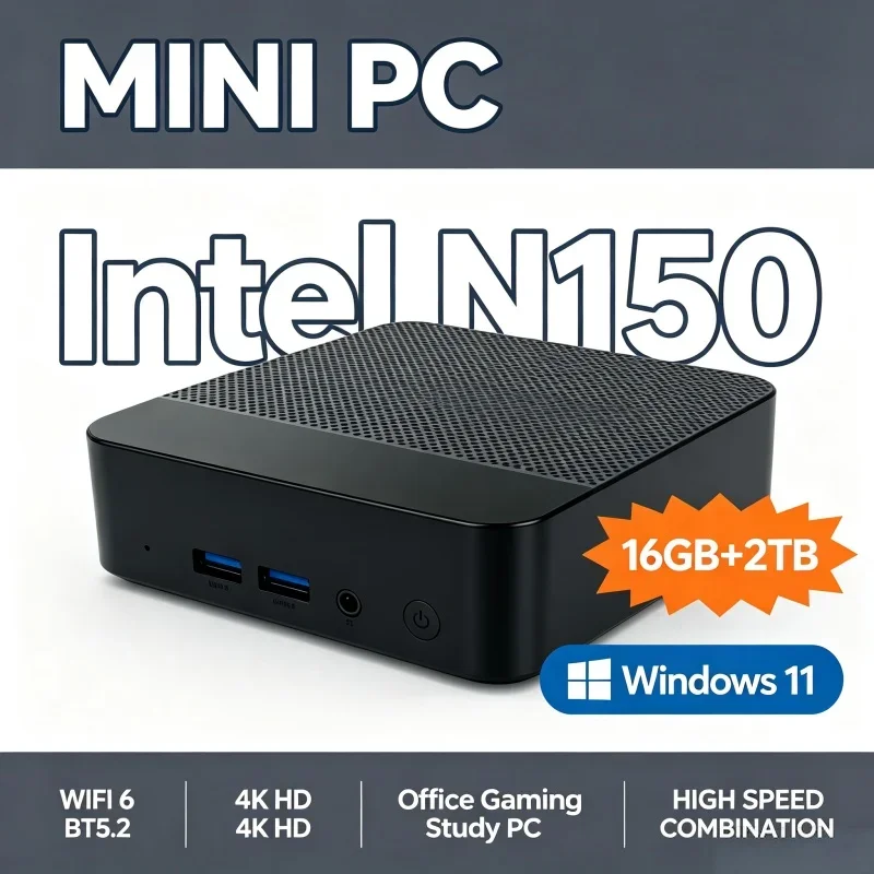 Intel N150 High‑Performance Portable Mini PC 16GB RAM 1TB/2TB SSD WiFi6 BT5.2 60Hz Small Desktop for Gaming Office Daily Study