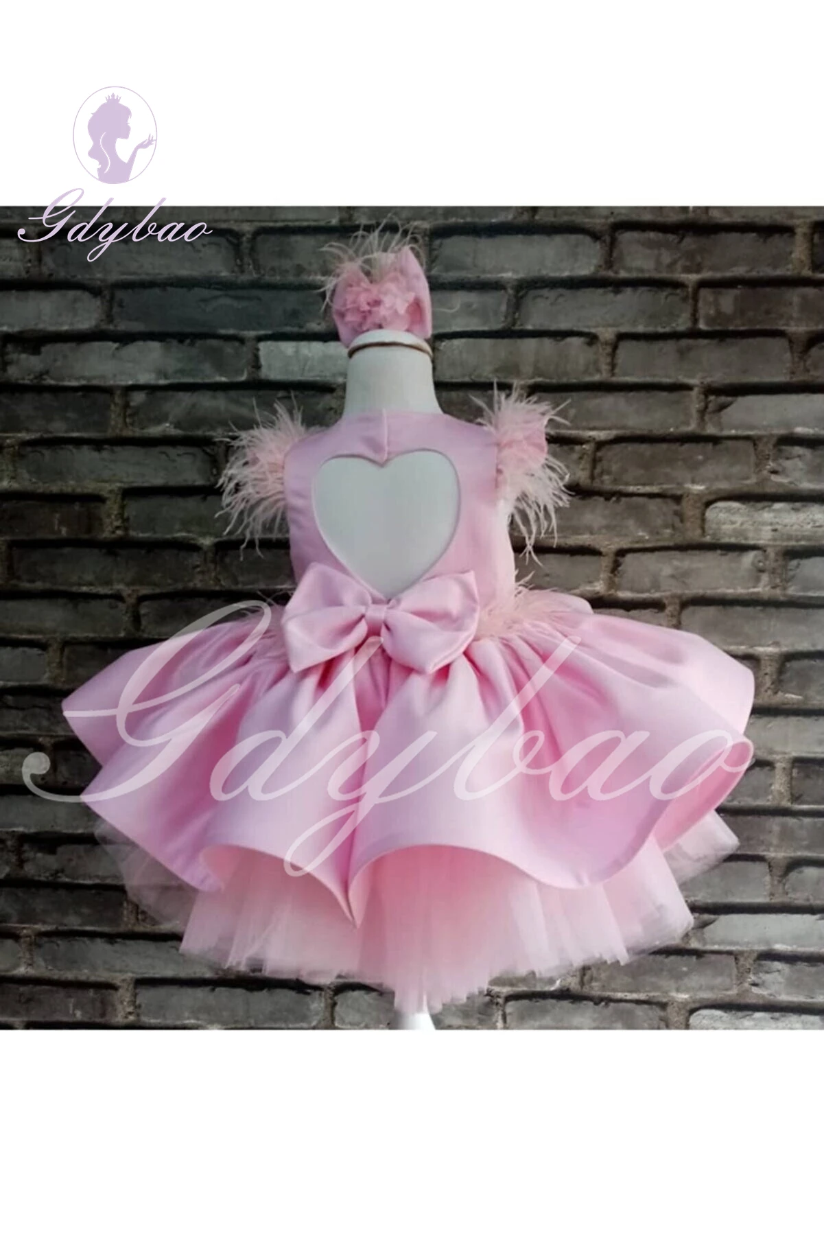 Pink Flower Girl Dresses For Wedding Feather With Bow Backless Applique Kids Birthday Party First Communion Ball Gown ﻿Pink Flow