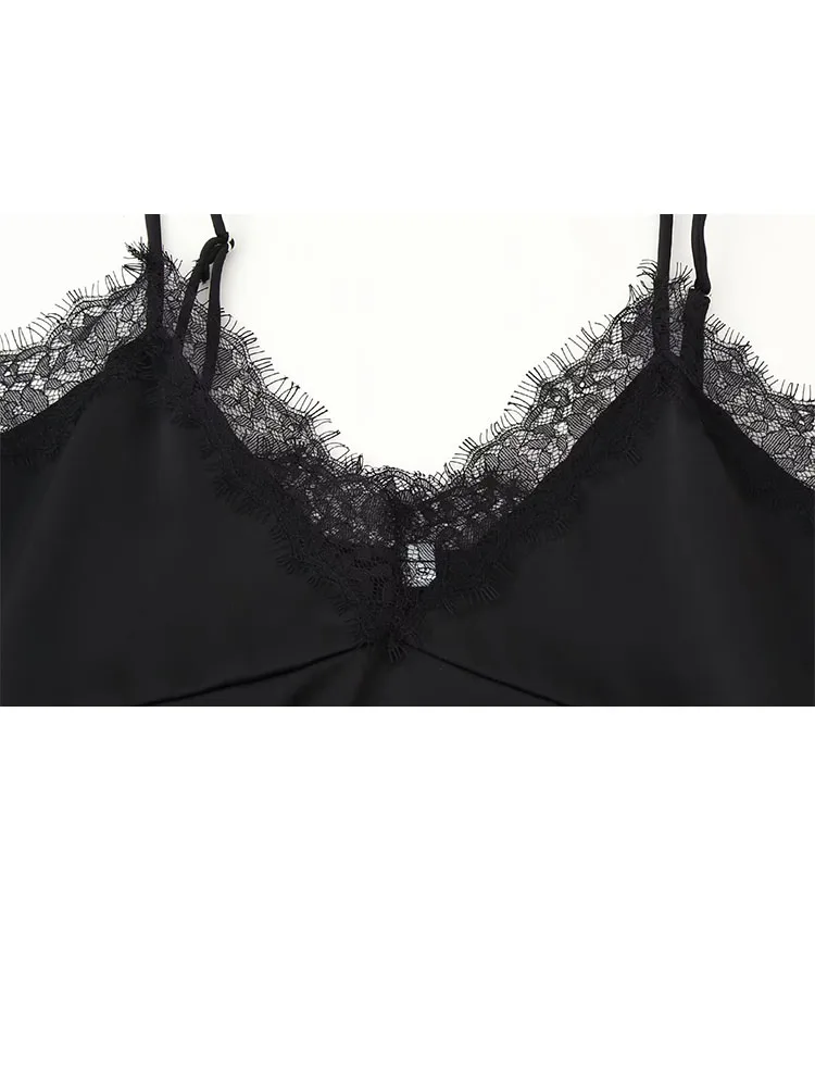 

HH 2026 New Fashion Woman Lace Trim Sling Sleeveless V Collar Backless Mini Top Female Slim Fit Thin And Light Sexy Top