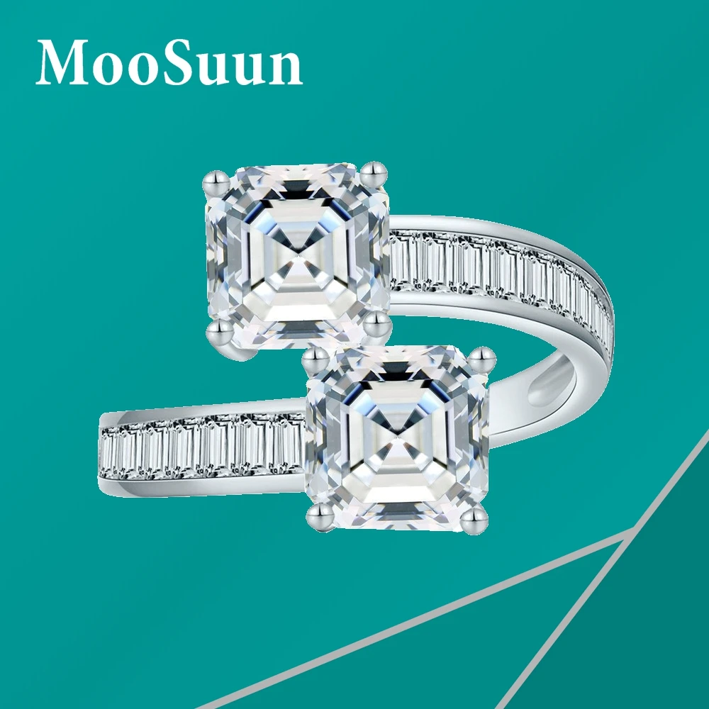 

MooSuun 4.0ct Asscher Cut Moissanite Diamond Ring for Women Double Ring Face 925 Sterling Silver Wedding Jewelry Engagement Gift