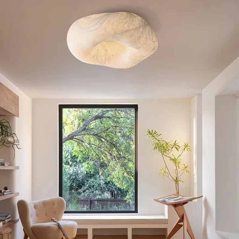 Wabi-sabi Cloud Silk Ceiling Light Handmade Textured Shade Warm Glow Flush Mount Lamp For Bedroom Living Room Nursery