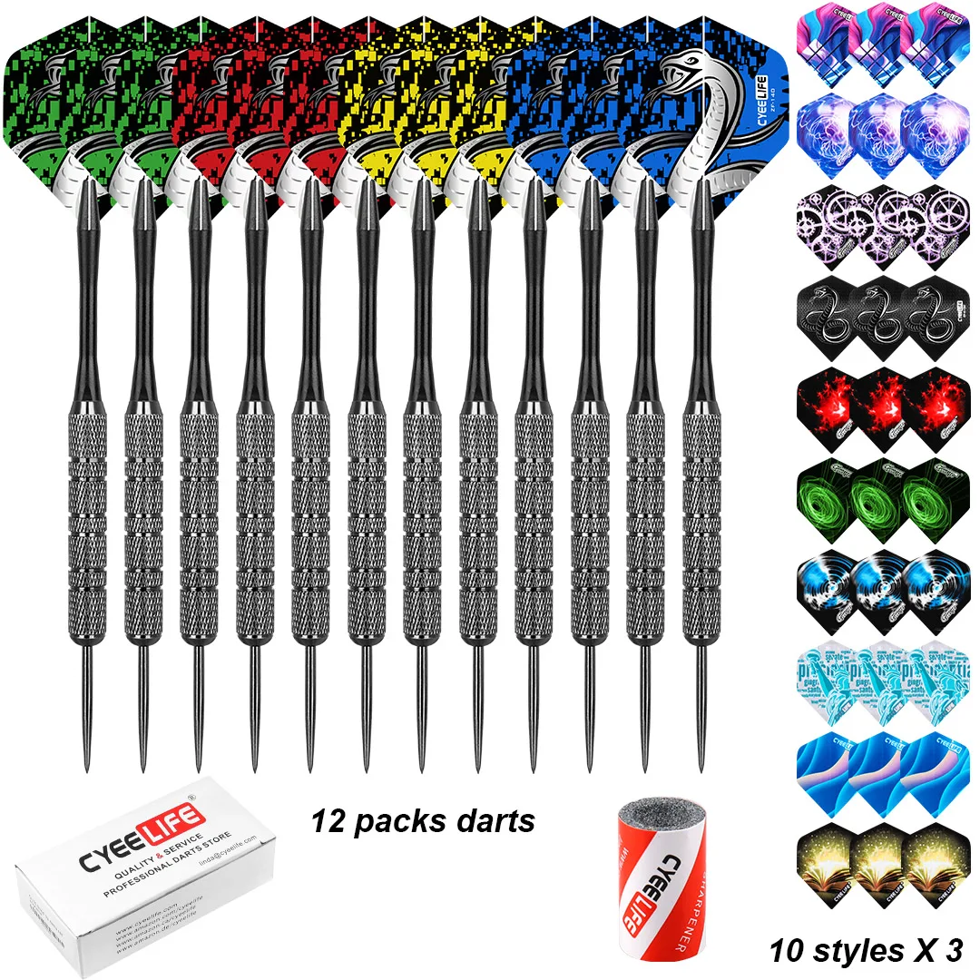 CyeeLife Steel Tip Darts met aluminium nylon as, puntenslijper, 12 stuks, 20 g, 30 stuks vluchten, 1 stuks