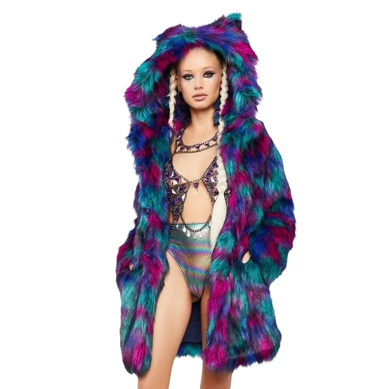 

Красочное дизайнерское зимнее женское меховое пальто, стильная женская эко-пуховая куртка с капюшоном и карманами с кошачьими ушками, уникальная женская эко-меховая верхняя одежда для вечеринок