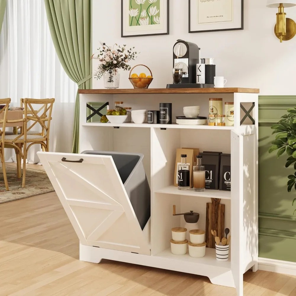 

Tilt Out Trash Can, Farmhouse Kitchen Island Cabinet with Adjustable Shelf for Hidden Laundry Basket