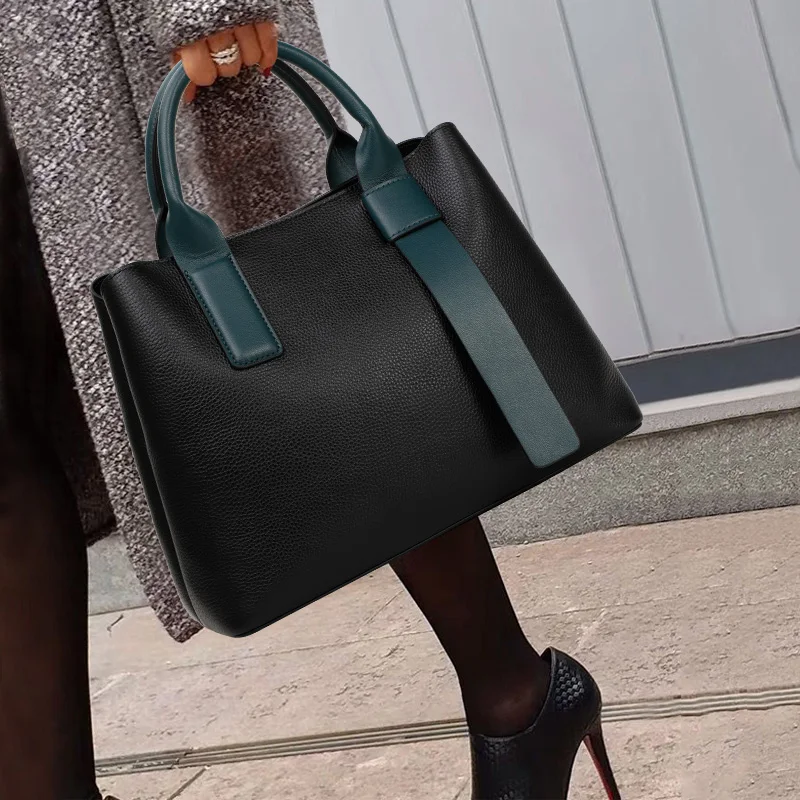 Aidrani Black & Teal Color Block Top Layer Leather Women Tote Bag, Large Capacity Multi-Pocket Handbag with Adjustable Strap