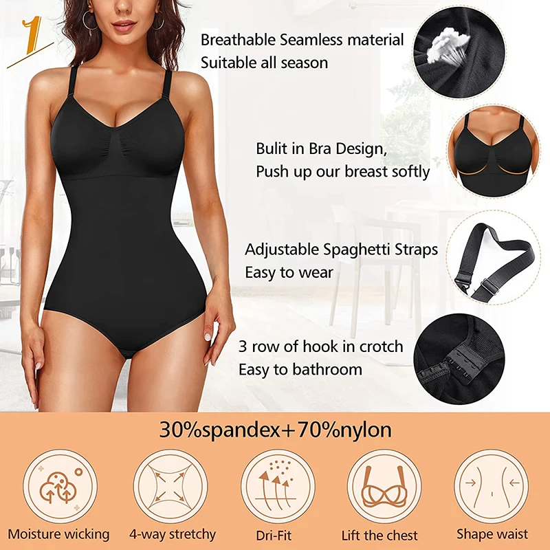 Women Bodysuit Tummy Control Seamless Shapewear Full Body Shaper One Piece Built-In Bra Jumpsuit Tops Compression Belly Corset