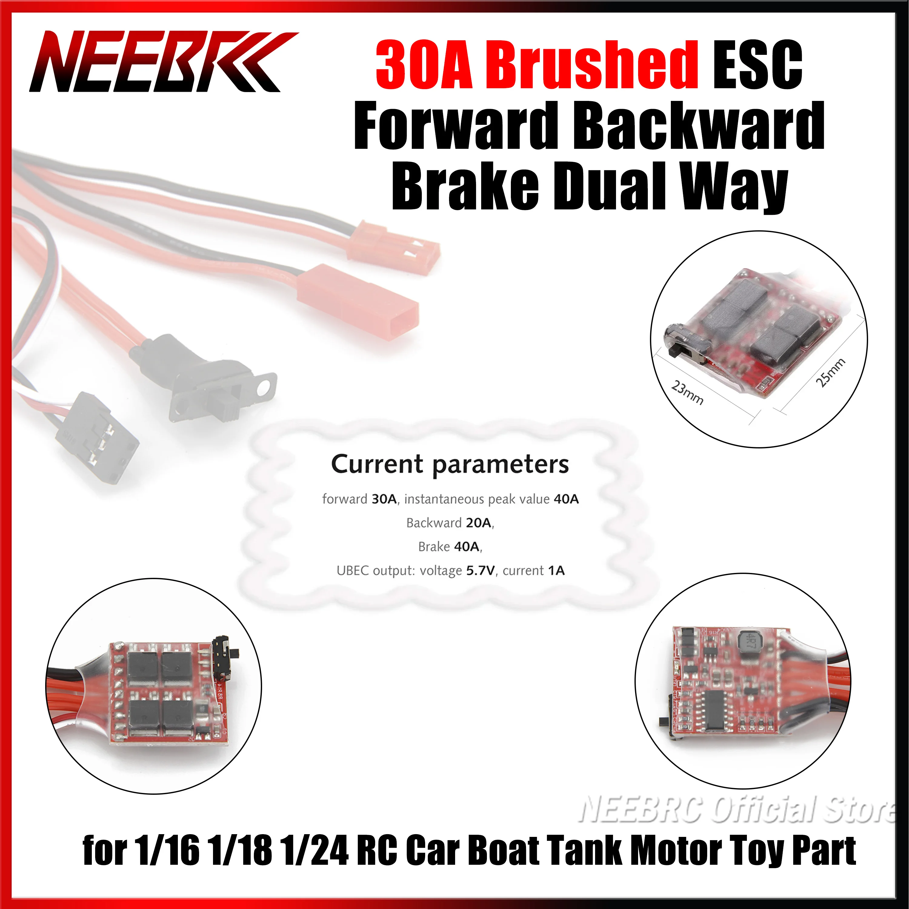 

30A Mini Brushed ESC Forward Reverse Brake Dual Way Speed Controller 4-8V for 1/16 1/18 1/24 RC Car Traxxas Boat Tank Motor Part