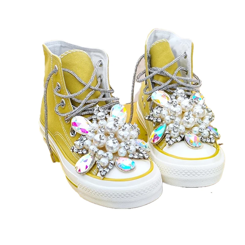 

Yellow Canvas Shoes New Breathable High-top Female Classic Thin Sports Casual Rhinestone Shoes Strap Round Toe