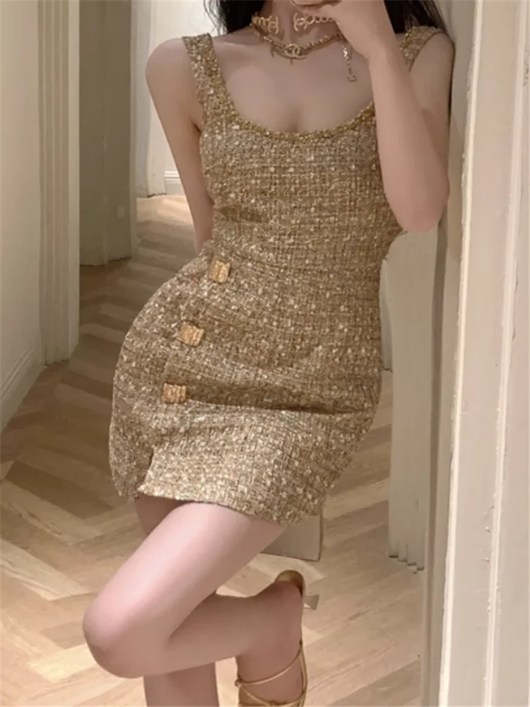 연예인 여성 고급스러운 우아한 골드 슈퍼 미니 파티 드레스 여름 신상 패션 스플릿 U넥 바디콘 펜슬 탱크 드레스 숏 스커트