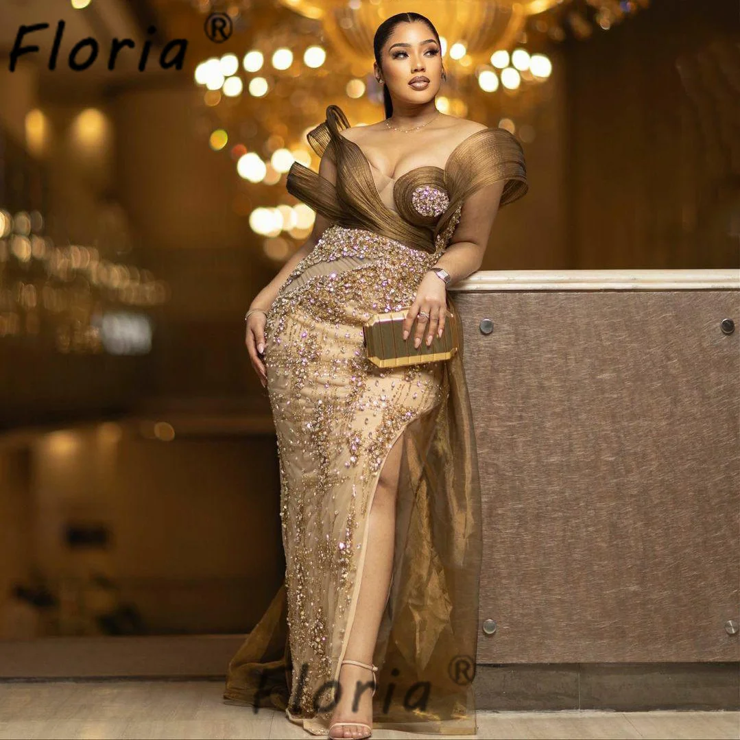 Luxury Aso Ebi Woman Beaded Evening Party Dress with Side Train Saudi Arabic Mermaid Formal Occasion Gown Maxi Plus Size Robes