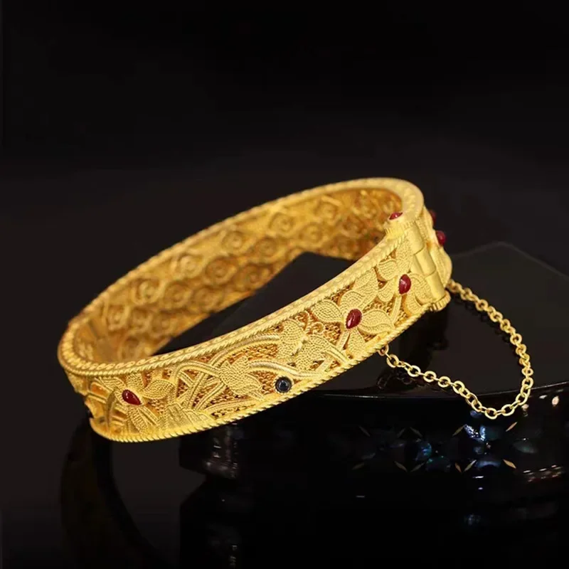 Pulsera de Orquídea de cymbidio de esmalte de marea nacional de oro amarillo de 24K real 9999 para mujer, brazalete a presión de estilo Retro de corte, hueco