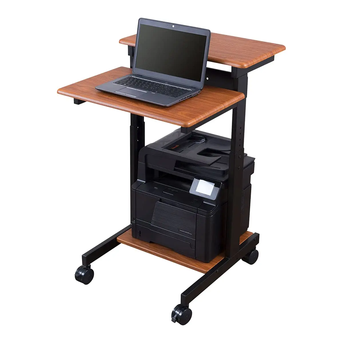 Adjustable Height Rolling 2-Tier Standing Desk Computer Workstation with Black Frame & Teak Top, 24