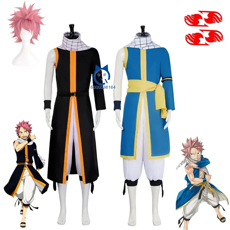 

Anime Fairy Tail Natsu Cosplay Costume Blue and Black Uniform Wig Full Set for Men Halloween Party Role Play Suit Comic Con Suit