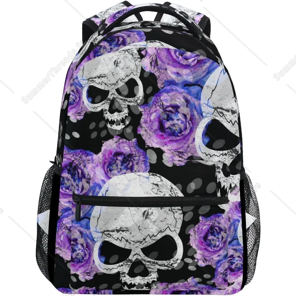 

New School Term Essential! Skull & Purple Rose Backpack, Gothic Style Print, Edgy Bag for Dark Fashion Fans