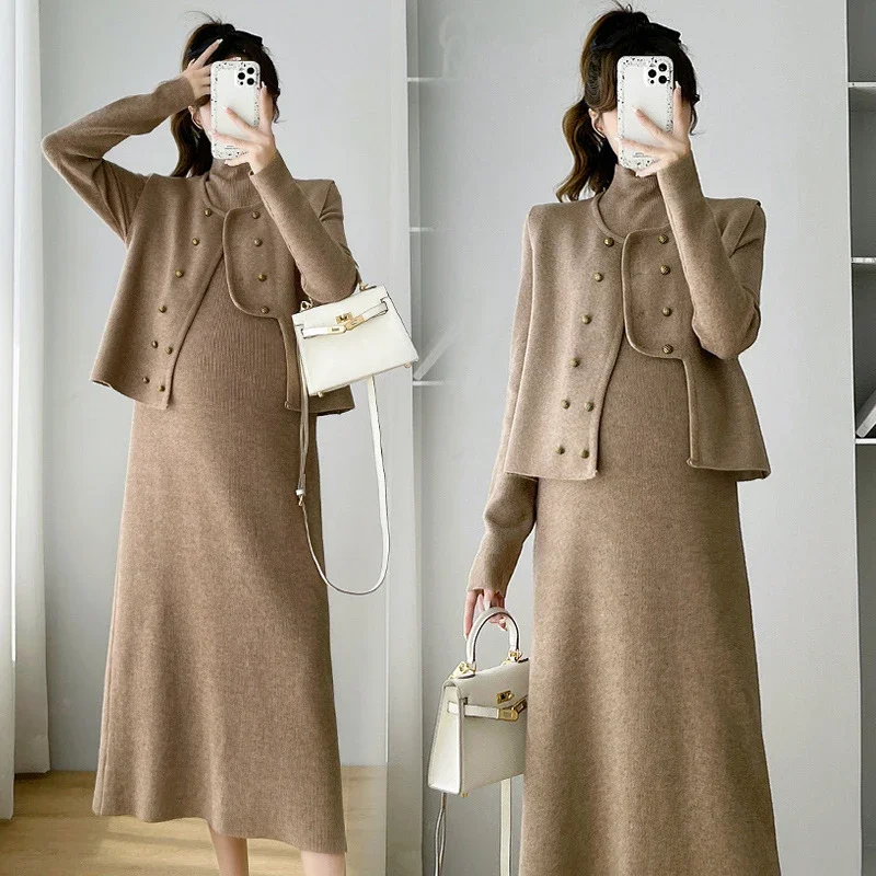 Knitted Sweater Bottom Dresses Vest Pregnant Women's Two Piece Long Sleeve High Neck Dress Elegant Outgoing Loose Slim Warm Suit