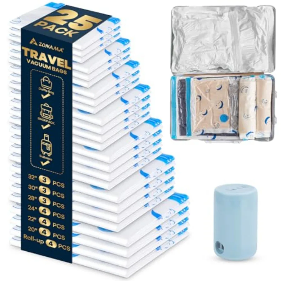 

Travel Compression Bags, 25 Pack Vacuum Storage Bags with 1500mAh Rechargeable Battery, Vacuum Seal Bag for Space Saving Clothe