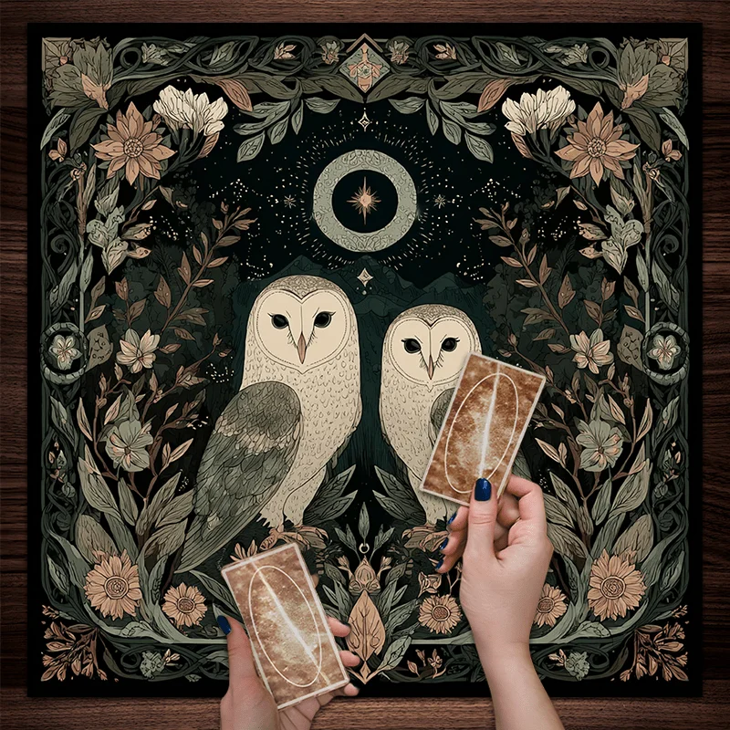 Mystical Owl Moon Altar Cloth Black Green Full Moon Phase Polyester Tablecloth For Tarot Reading Witchcraft Decor Easy Clean