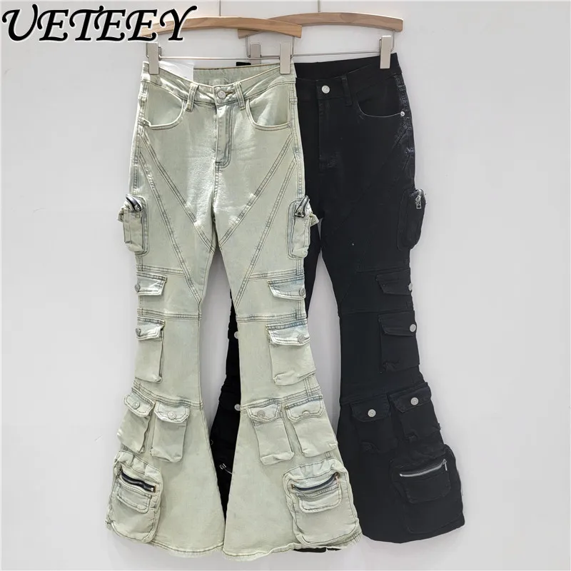 

Джинсы-клеш с уникальным дизайном и множеством карманов для стильных девушек, весна 2026, новинка, с высокой талией, облегающие, эластичные, длинные, из денима