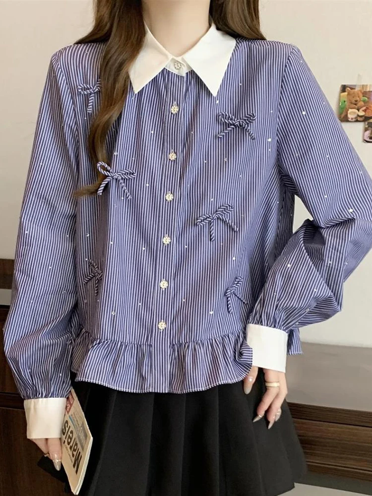 Zoki Fashion Bow Striped Shirts Women Preppy Style Long Sleeve Sweet Blouse Korean New Casual Female Design Loose Spring Tops