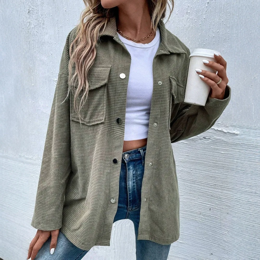 Women Turn-down Collar Long Sleeve Button Down Waffle Knit Shacket Loose Fit Coat with Pockets