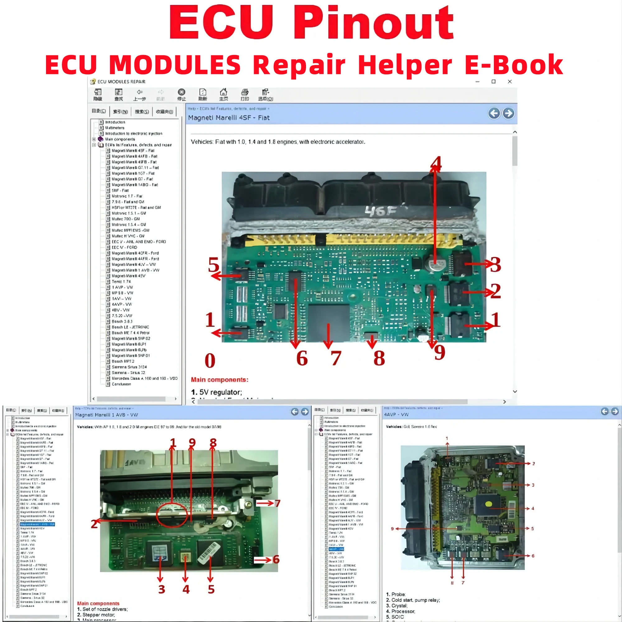 

ECU MODULES Repair Helper E-Book ECU Repair Software ECUs Pinout Immo Location Multimeters Transistor EEprom RAM PAL Decoder