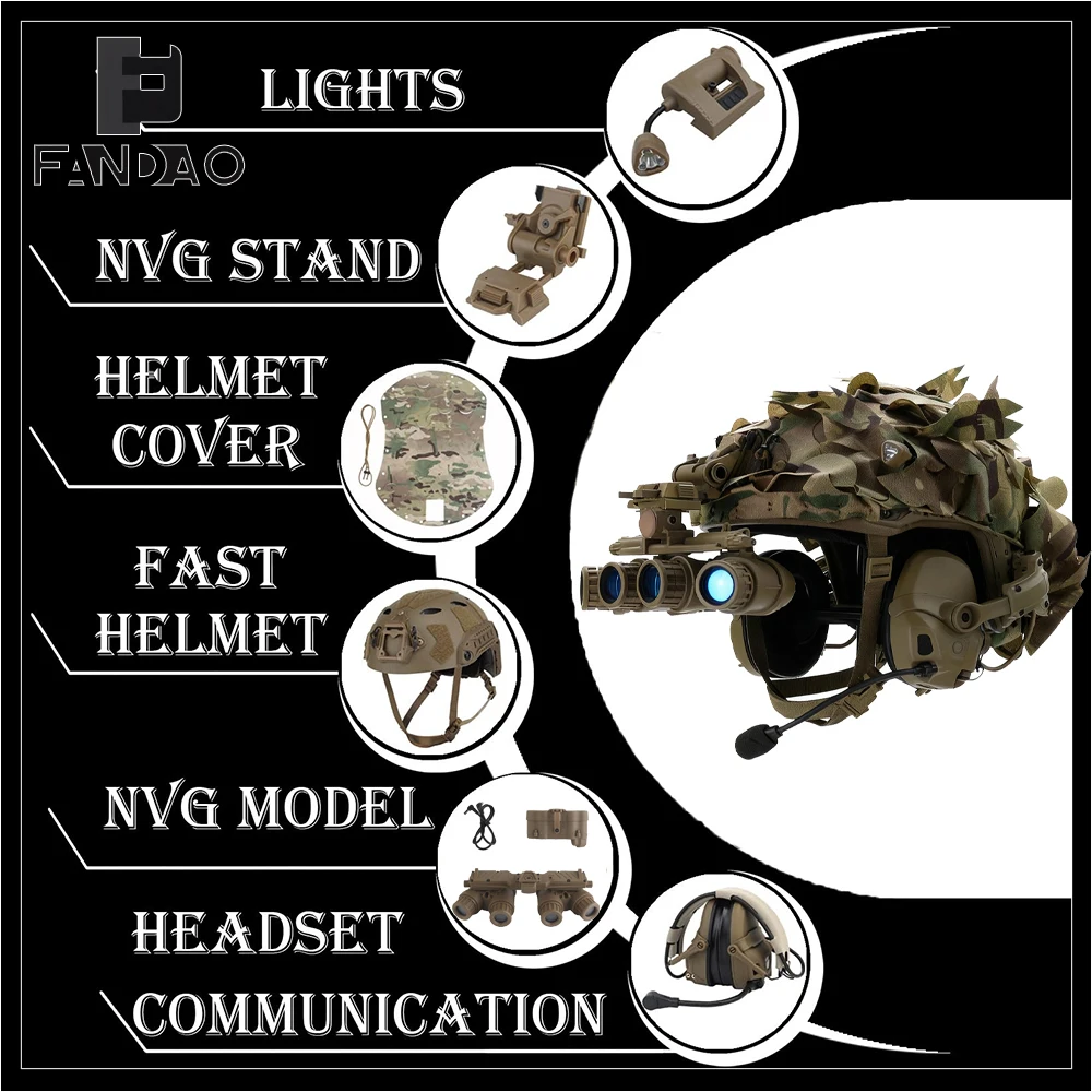 6-in-1 Fast Tactical Airsoft Helmet Set Outdoor Paintball Bump Helmet Kit with Headset NVG Model Signal Lights for CS Hunting