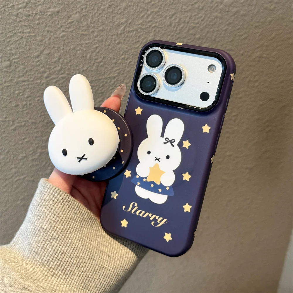 

Kawaii Star 3D Bunny With Magsafe Stand Phone Case for iPhone 17 Pro 15 14 13 16 Pro Funda Magnetic Holder Cute Protective Cover