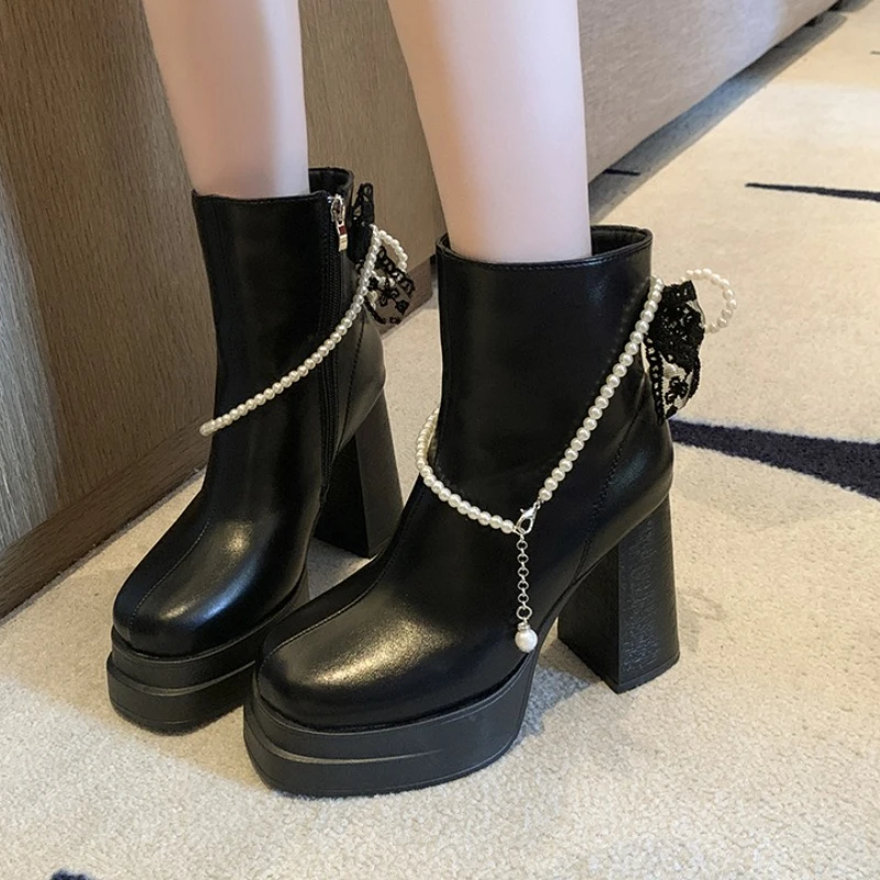 Beaded Women Boots High Heels Shoes Chunky Fashion New Ankle Boots Elegant 2026 Trend Winter Shoes Party Woman Pumps Botas Mujer