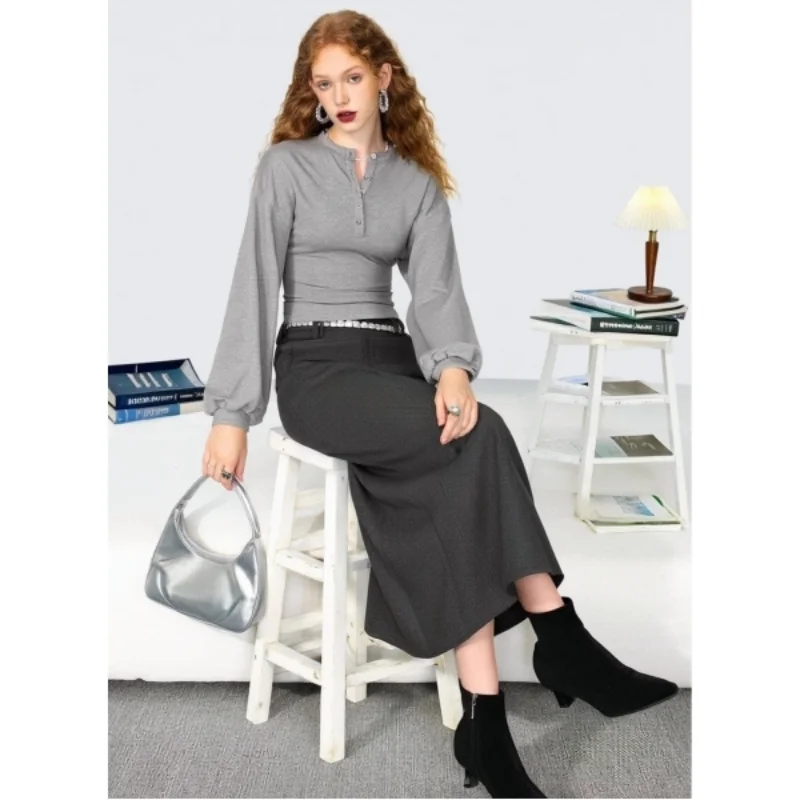 American Style Henry Collar Waist-Cinching Long Sleeve T-shirt Spring 2026 New Skin-friendly Slim-fit Versatile Top