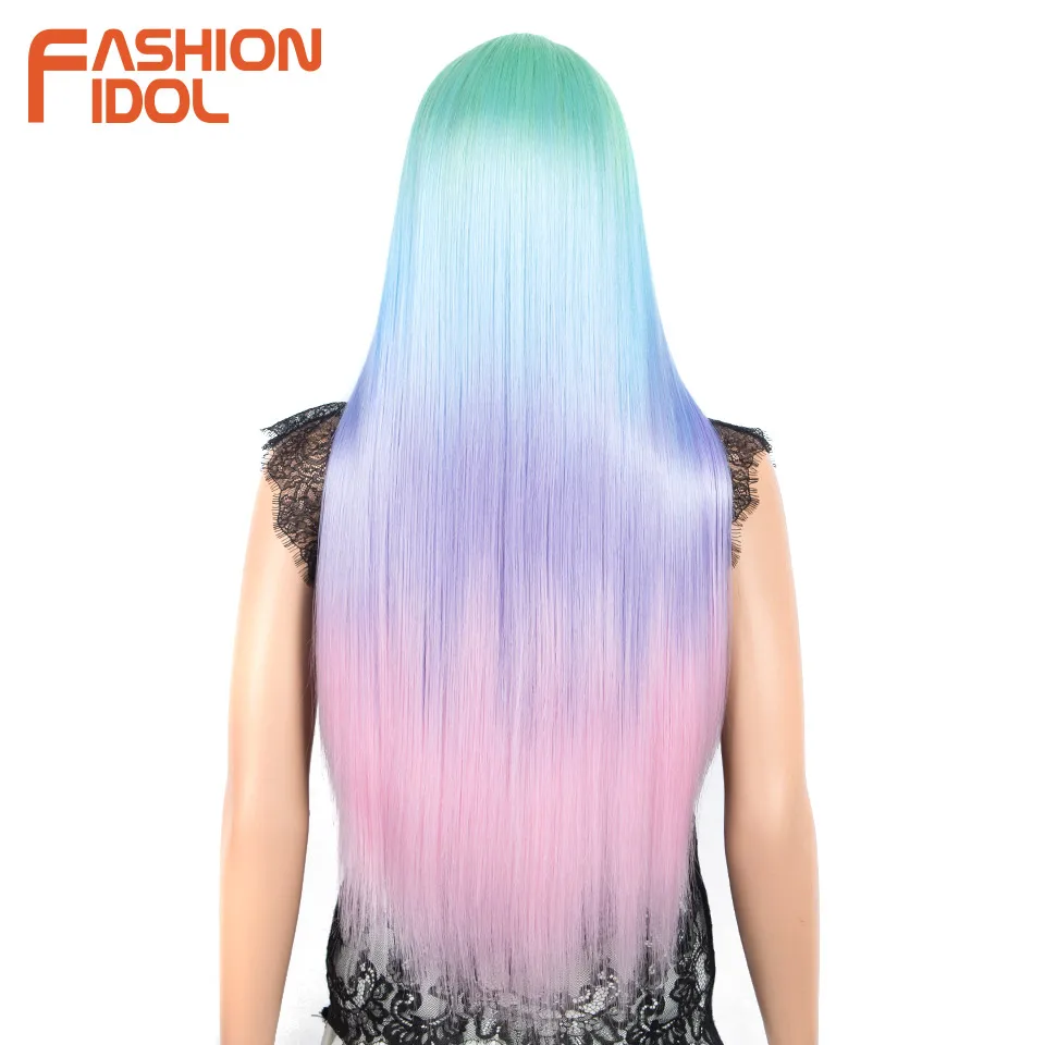 FASHION IDOL 30 Inch Straight Wig Synthetic Hair Lace Wigs For Women Ombre Rainbow Colorful Cosplay Wig Heat Resistant Fake Hair