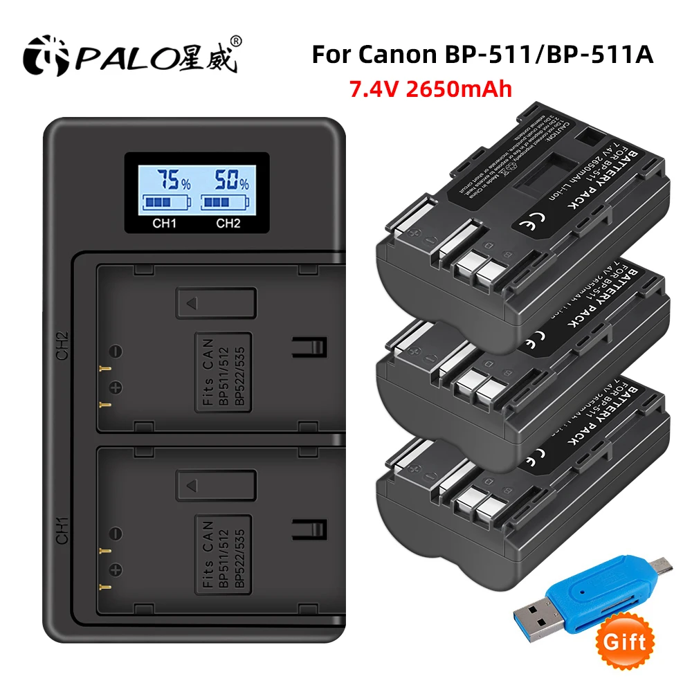 PALO 1-4pcs BP-511 BP-511A BP511A BP 511A Camera Battery + LCD USB Dual Charger for Canon EOS 40D 300D 5D 20D 30D 50D 10D D60 G6