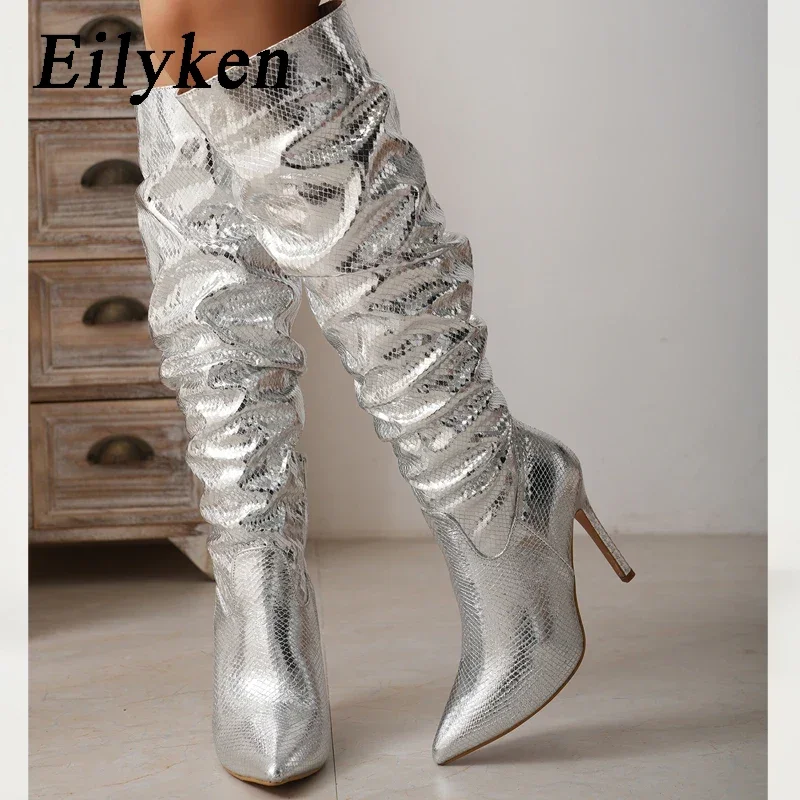 Eilyken Fashion Silver Women Knee High Boots Sexy Pointed Toe Thin Heels Ladies Long Side Zipper Female Shoes