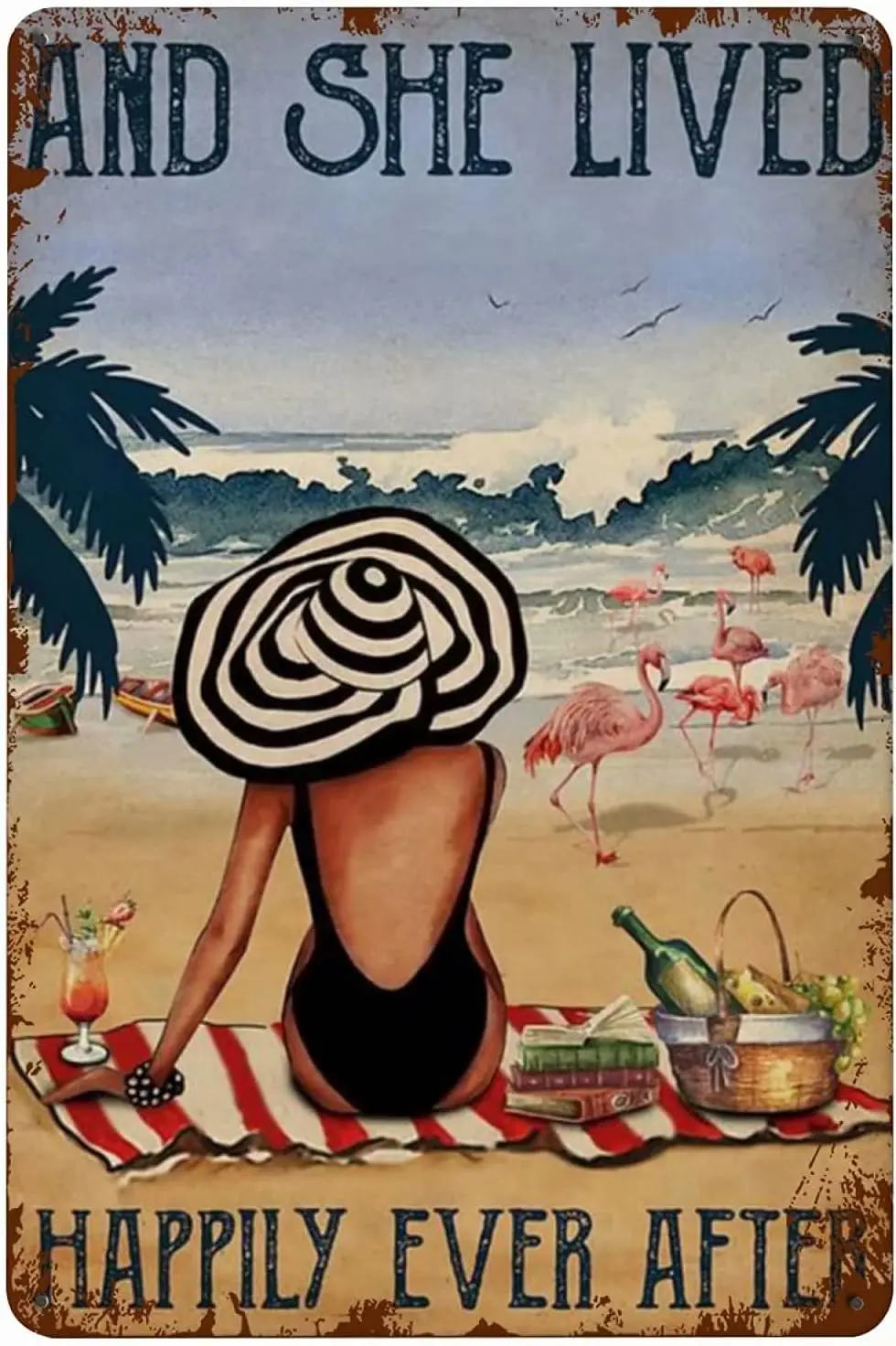 Flamingo and Woman on The Beach Metal Tin Sign,and She Lived Happily Ever After,Vintage Style Iron Painting for Home