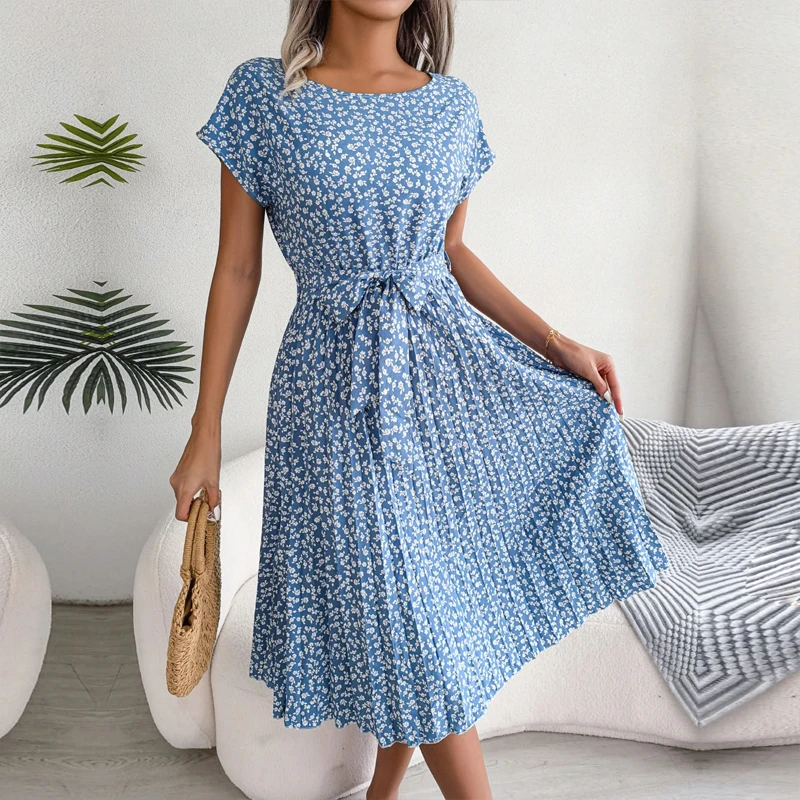 

Fashion Floral Pleated A Line Long Dress Women Spring Summer Short Sleeve High Waist Chic Dress Casual Midi Dresses Woman 2023