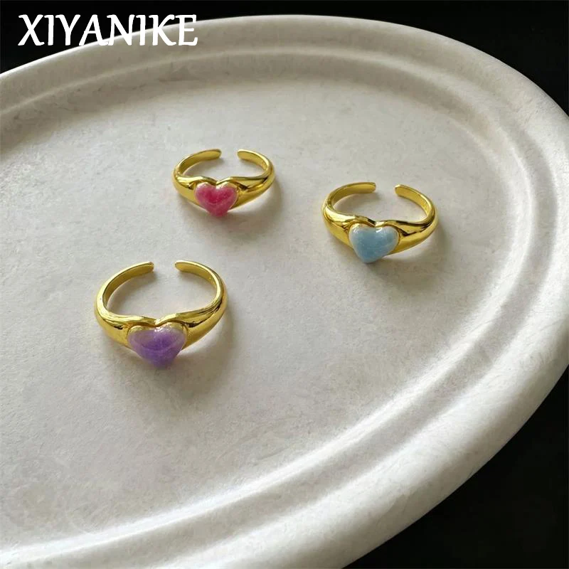 XIYANIKE French Drop Glazed Peach Heart Adjustable Finger Rings For Women Girl Sweet Fashion New Jewelry Gift Party Kольцо