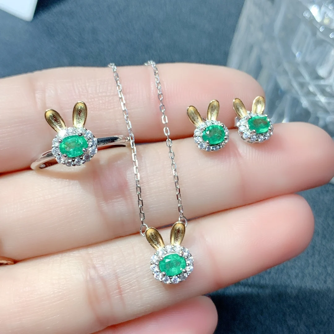 Natural Emerald Jewelry Set 925 Sterling Silver Set Women's Necklace Elegant women's Christmas gift with free shipping