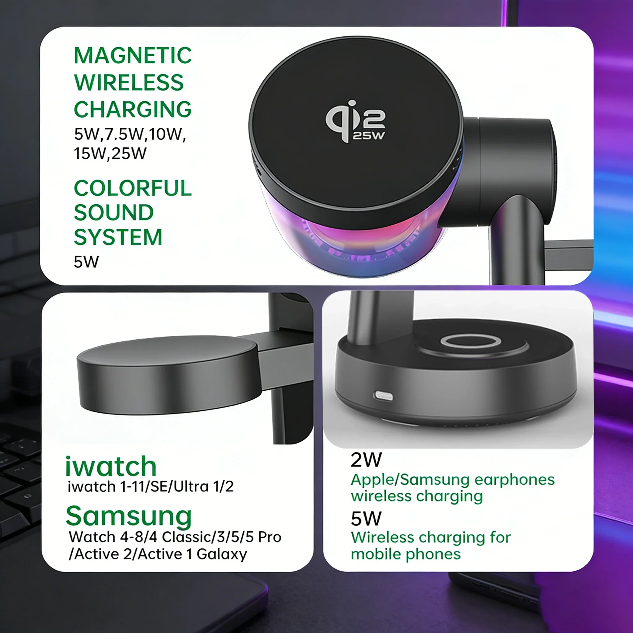 Multifunction RGB Light Bluetooth Speaker 25W Qi2.2 Wireless Charger Stand For iPhone17 16 15 14 PRO MAX For Apple Watch Airpods