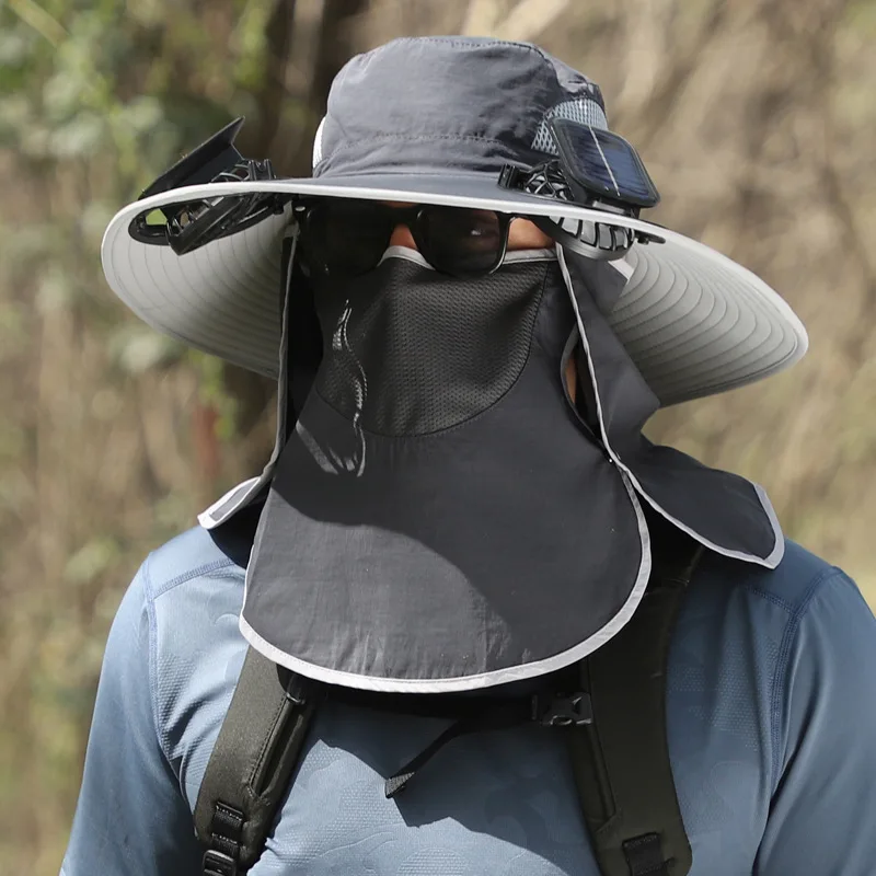 Men's Outdoor Solar Fan Fishing Hat Lithium Battery Rechargeable Face Neck Sun Protect Casual Outdoor UV Protection Hats 4f028