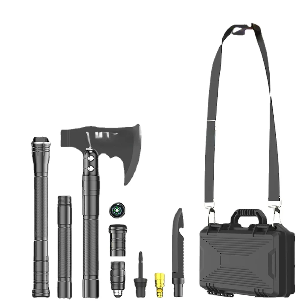 Multi-function Folding Shovel Axe 76cm Outdoor Flashlight Wilderness Survival Equipment Multifunct Shovel 11pcs Kit with Case