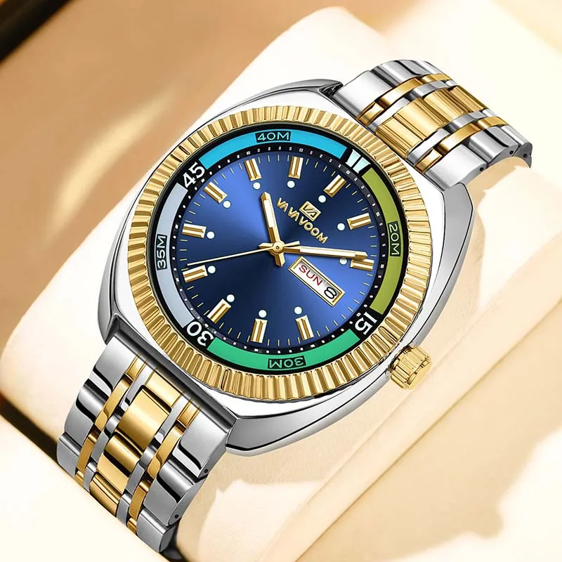 

New Stainless Steel Gear Ring Men Watches Business Waterproof Luminous Quartz Wristwatches Complete Calendar Week Display Clocks