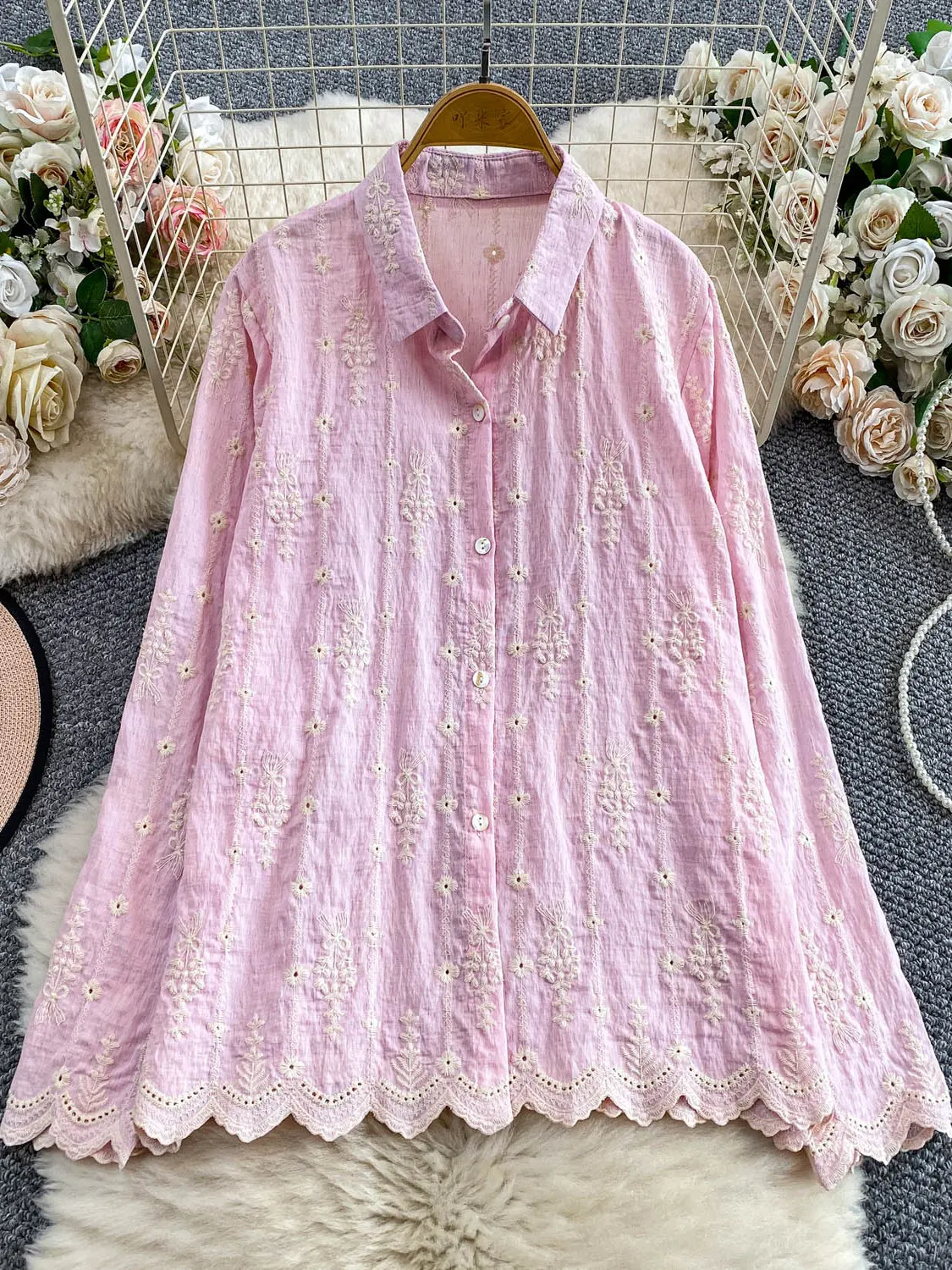 Zwaar borduurwerk uitgehold lange Sve irt dames casual losse afslankende bovenkleding lente herfst Faion Ele