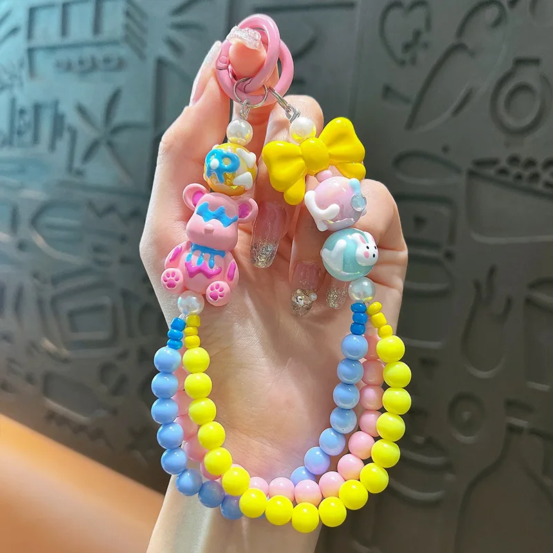 Colorful dopamine teddy bear bead portable chain wrist short hanging rope clip phone case bag fashion accessories universal