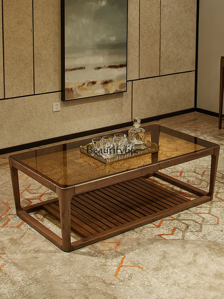 

North American black walnut glass coffee table simple modern creative living room tea table light luxury solid wood