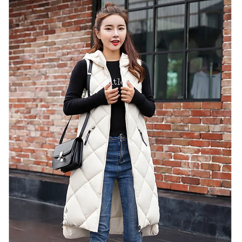 Women\'s Sleeveless Vest Long Down Jacket Solid Korea Hooded Padded Vests Loose Females 2022 Ladies Fashion Casual Winter Coat