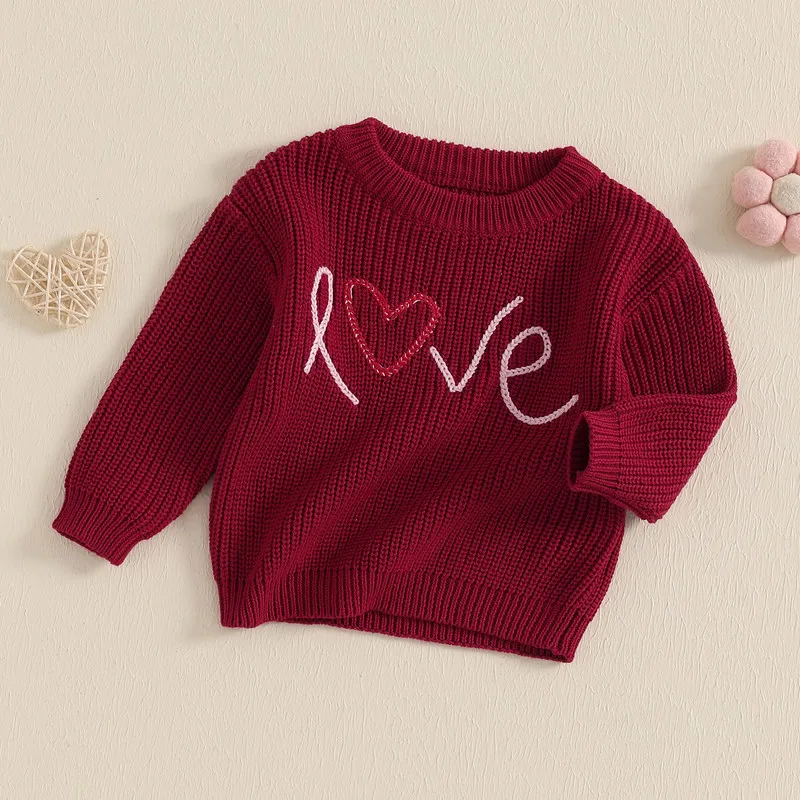 RUEWEY 3 Months to 4 Years Baby Girls Knit Sweater Autumn Winter Clothes Long Sleeve O Neck Letter Embroidery Pullover Knitwear